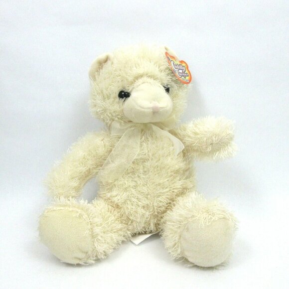 Cuddly Cousins Long Hair Ivory Teddy Bear 10" Tall Sheer Bow Spring Easter New! - Picture 6 of 6